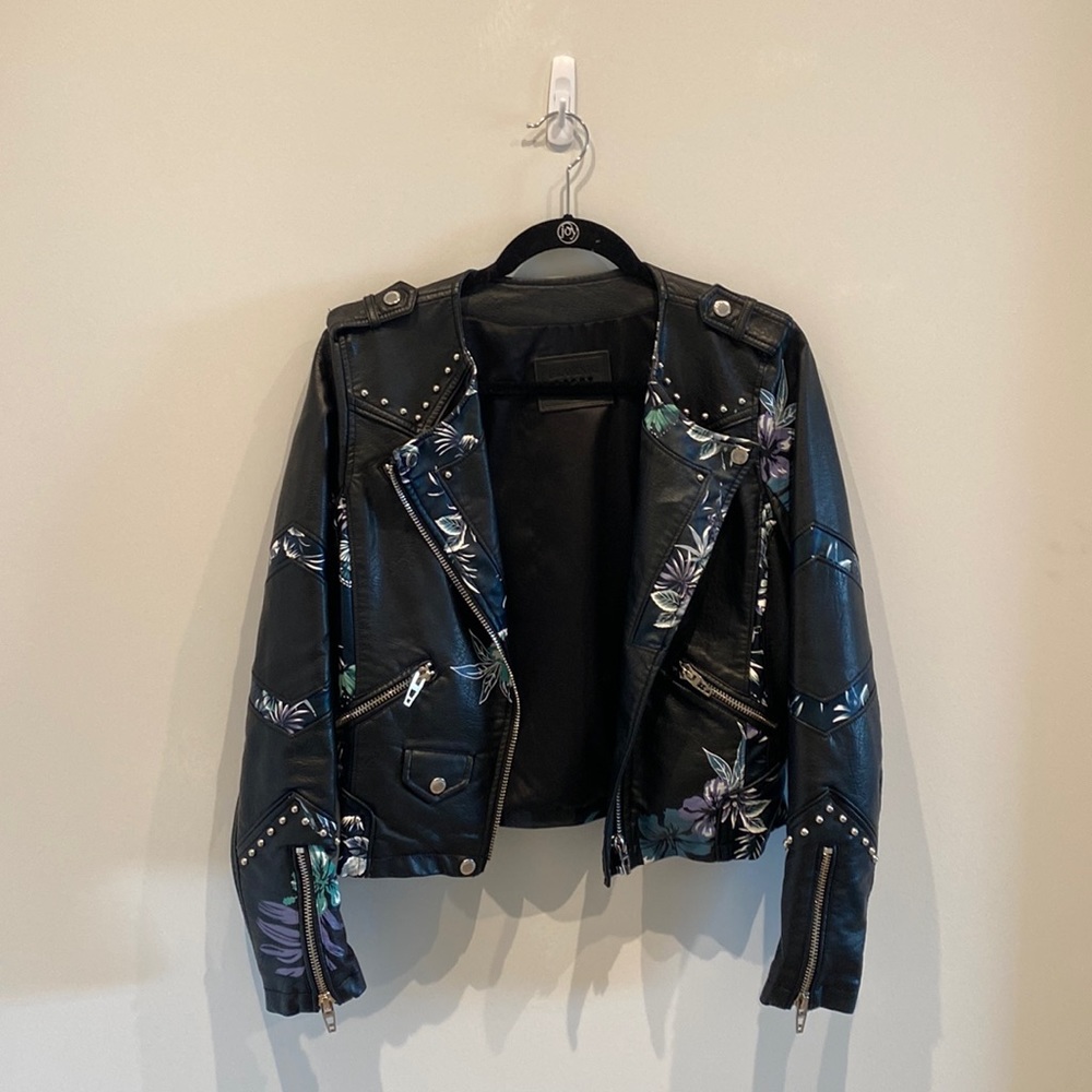 Blank NYC faux leather jacket with floral Print